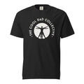 Black t-shirt with white graphic design on a white background