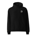 Black hoodie with a logo on the chest against a white background