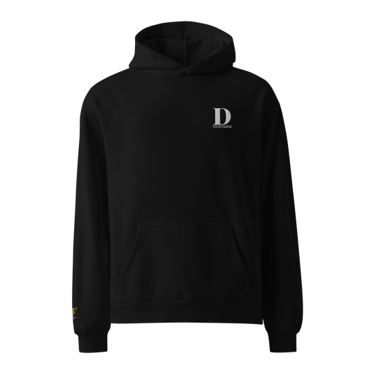 Black hoodie with a logo on the chest against a white background