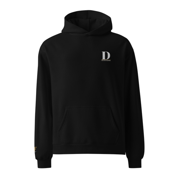 Black hoodie with a logo on the chest against a white background