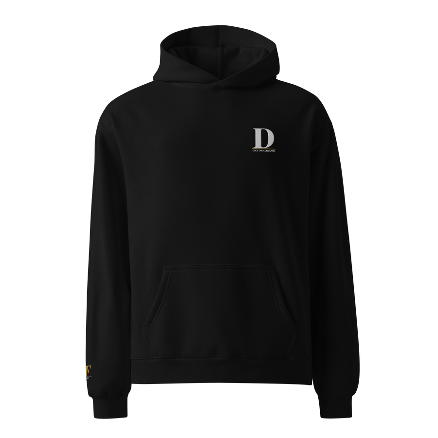 Black hoodie with a logo on the chest against a white background