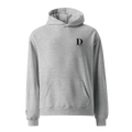 Gray hoodie with a logo on the chest against a white background