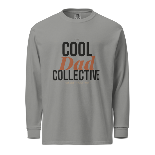 Gray long-sleeve shirt with 'The Cool Dad Collective' text on a white background