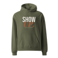 Green hoodie with 'SHOW UP' text on a white background