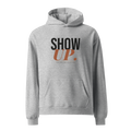 Gray hoodie with a logo on the chest against a black background